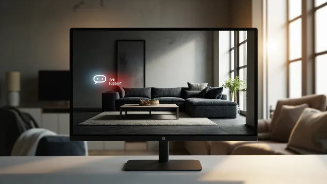 Bilgisayar ekranında, çeşitli mobilyalarla döşenmiş modern bir oturma odasının 3D sanal showroom arayüzü ve canlı destek butonu.