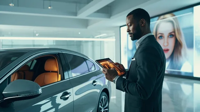 Otomotiv satış temsilcisinin lüks bir otomobilin özelliklerini tablet üzerinden canlı olarak müşteriye anlattığı sahne.