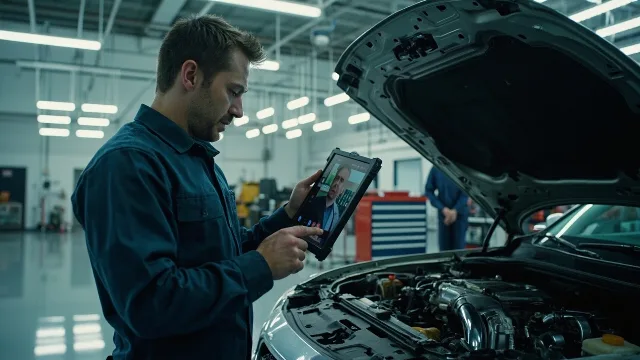 Otomotiv servisinde bir tamircinin arıza tespiti yaparken tabletiyle müşteriye görüntülü görüşme üzerinden bilgi vermesi.