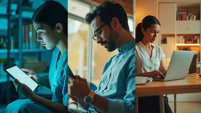 Farklı sektörlerden (e-ticaret, sağlık, eğitim) profesyonellerin WebRTC ile görüntülü görüşmeler yaptığı bir sahne
