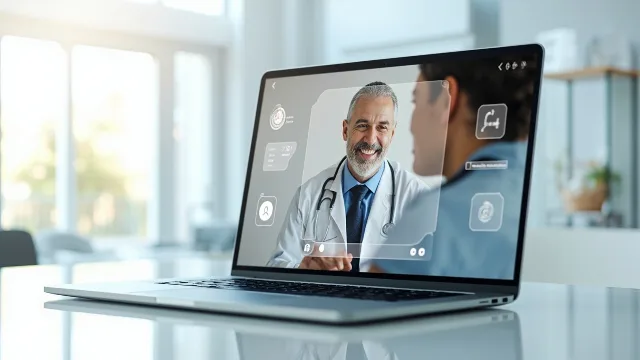 Dizüstü bilgisayar ekranında, Bitenta benzeri profesyonel bir canlı destek platformunun arayüzü görünürken, bir doktorun hasta ile görüntülü görüştüğü bir arayüz.